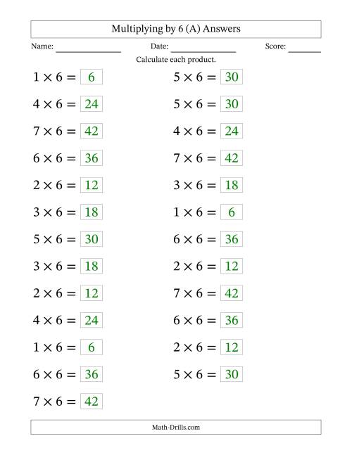 The Horizontally Arranged Multiplying (1 to 7) by 6 (25 Questions; Large Print) (A) Math Worksheet Page 2