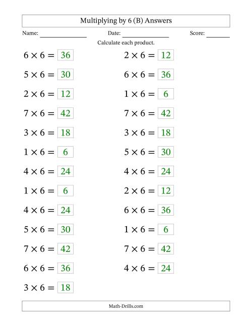 The Horizontally Arranged Multiplying (1 to 7) by 6 (25 Questions; Large Print) (B) Math Worksheet Page 2