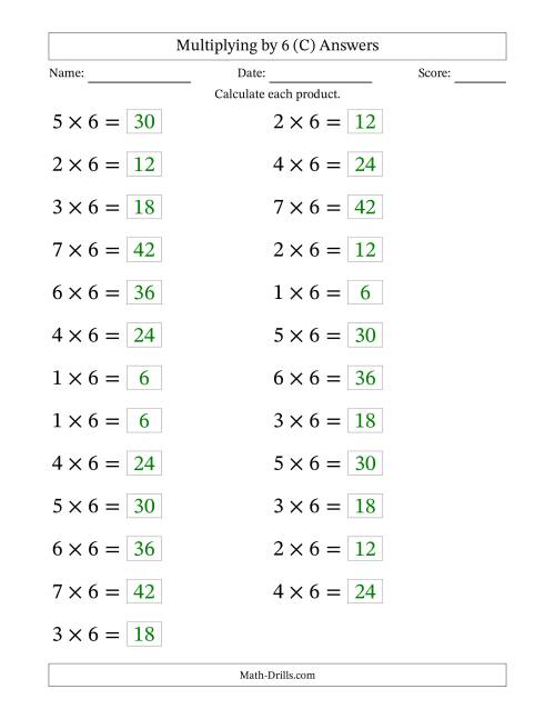 The Horizontally Arranged Multiplying (1 to 7) by 6 (25 Questions; Large Print) (C) Math Worksheet Page 2