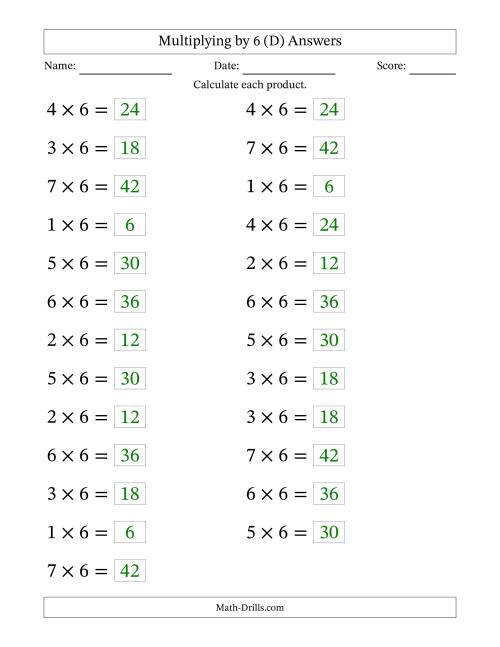 The Horizontally Arranged Multiplying (1 to 7) by 6 (25 Questions; Large Print) (D) Math Worksheet Page 2