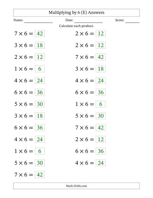 The Horizontally Arranged Multiplying (1 to 7) by 6 (25 Questions; Large Print) (E) Math Worksheet Page 2