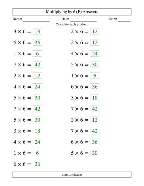 The Horizontally Arranged Multiplying (1 to 7) by 6 (25 Questions; Large Print) (F) Math Worksheet Page 2