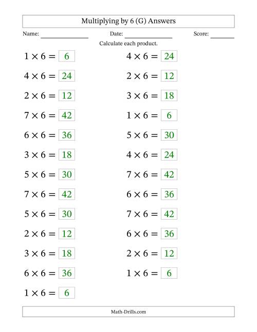 The Horizontally Arranged Multiplying (1 to 7) by 6 (25 Questions; Large Print) (G) Math Worksheet Page 2