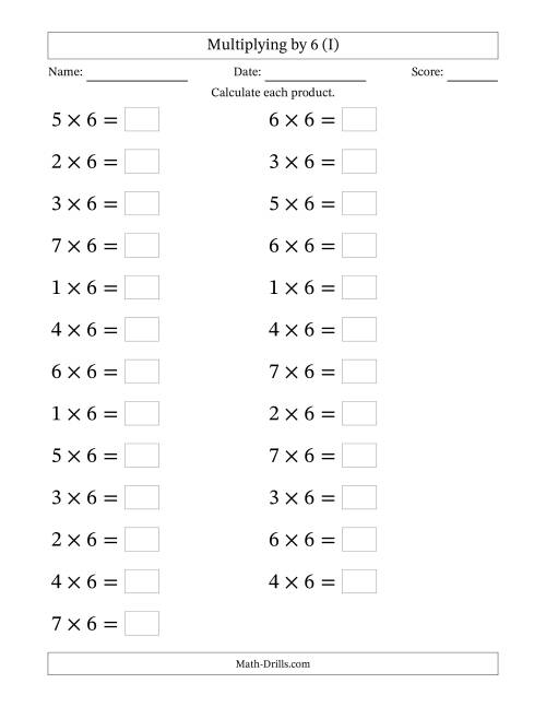The Horizontally Arranged Multiplying (1 to 7) by 6 (25 Questions; Large Print) (I) Math Worksheet