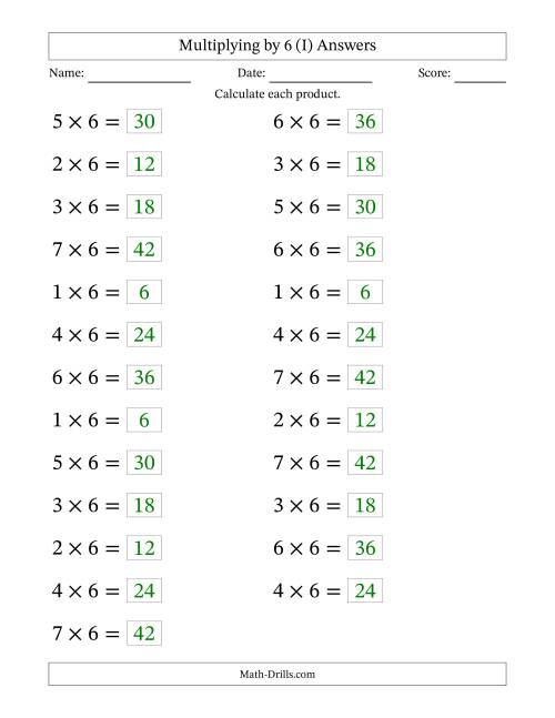The Horizontally Arranged Multiplying (1 to 7) by 6 (25 Questions; Large Print) (I) Math Worksheet Page 2