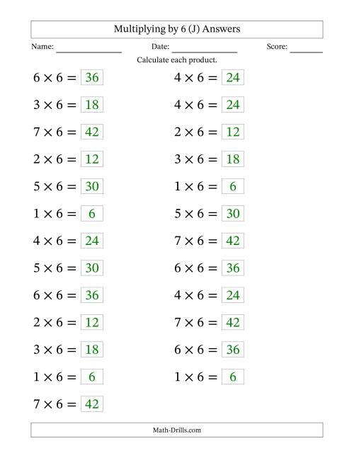 The Horizontally Arranged Multiplying (1 to 7) by 6 (25 Questions; Large Print) (J) Math Worksheet Page 2