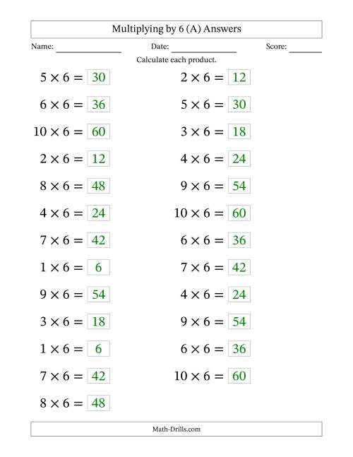 The Horizontally Arranged Multiplying (1 to 10) by 6 (25 Questions; Large Print) (A) Math Worksheet Page 2