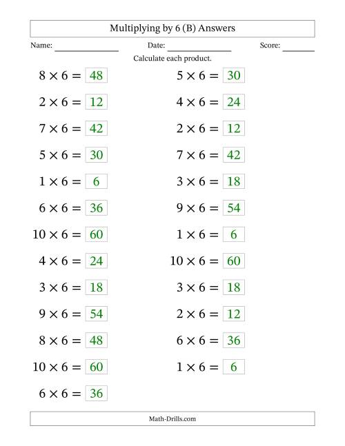 The Horizontally Arranged Multiplying (1 to 10) by 6 (25 Questions; Large Print) (B) Math Worksheet Page 2