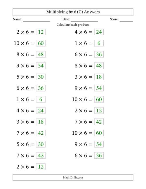 The Horizontally Arranged Multiplying (1 to 10) by 6 (25 Questions; Large Print) (C) Math Worksheet Page 2