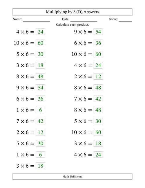 The Horizontally Arranged Multiplying (1 to 10) by 6 (25 Questions; Large Print) (D) Math Worksheet Page 2