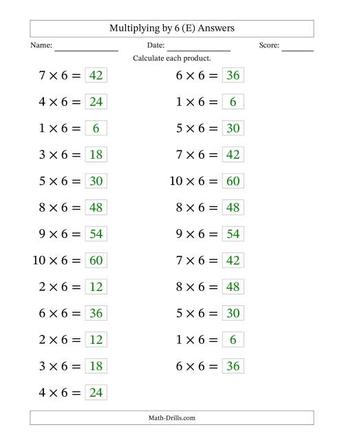 The Horizontally Arranged Multiplying (1 to 10) by 6 (25 Questions; Large Print) (E) Math Worksheet Page 2