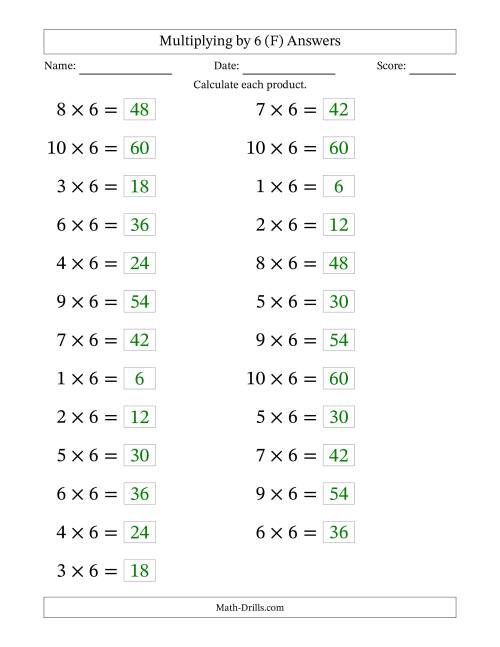 The Horizontally Arranged Multiplying (1 to 10) by 6 (25 Questions; Large Print) (F) Math Worksheet Page 2
