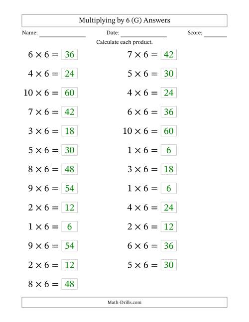 The Horizontally Arranged Multiplying (1 to 10) by 6 (25 Questions; Large Print) (G) Math Worksheet Page 2