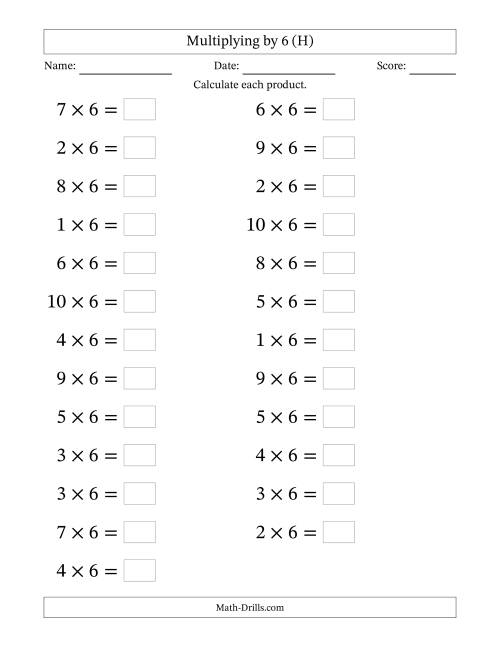 The Horizontally Arranged Multiplying (1 to 10) by 6 (25 Questions; Large Print) (H) Math Worksheet