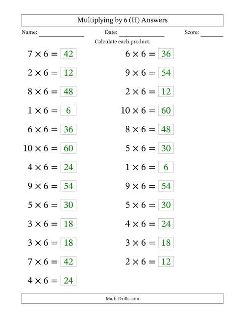 The Horizontally Arranged Multiplying (1 to 10) by 6 (25 Questions; Large Print) (H) Math Worksheet Page 2