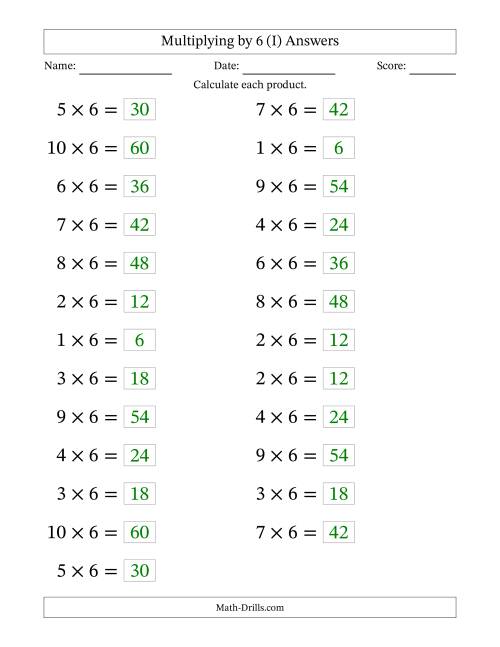 The Horizontally Arranged Multiplying (1 to 10) by 6 (25 Questions; Large Print) (I) Math Worksheet Page 2