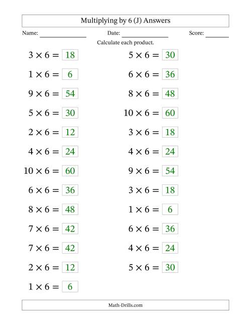 The Horizontally Arranged Multiplying (1 to 10) by 6 (25 Questions; Large Print) (J) Math Worksheet Page 2