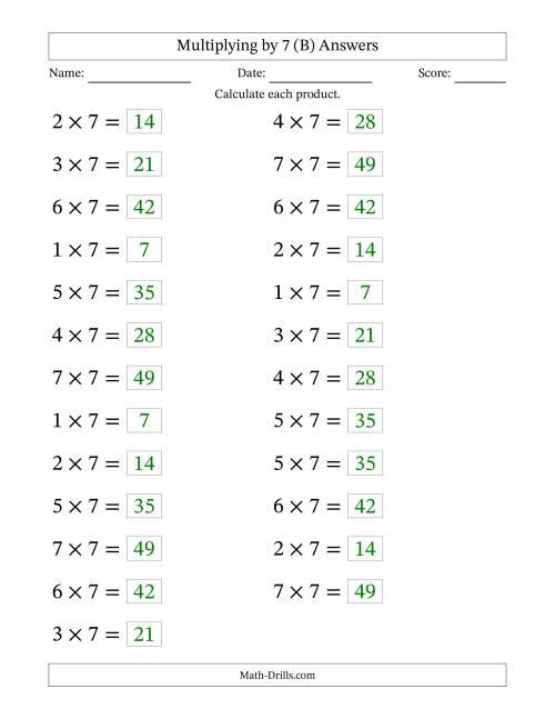The Horizontally Arranged Multiplying (1 to 7) by 7 (25 Questions; Large Print) (B) Math Worksheet Page 2