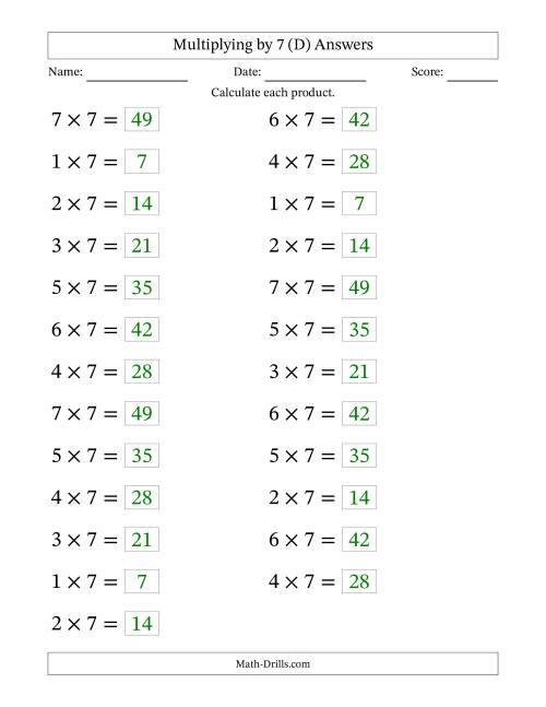 The Horizontally Arranged Multiplying (1 to 7) by 7 (25 Questions; Large Print) (D) Math Worksheet Page 2