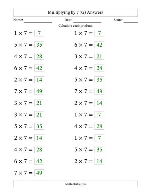 The Horizontally Arranged Multiplying (1 to 7) by 7 (25 Questions; Large Print) (G) Math Worksheet Page 2