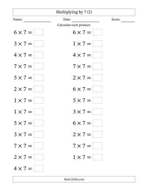 The Horizontally Arranged Multiplying (1 to 7) by 7 (25 Questions; Large Print) (J) Math Worksheet