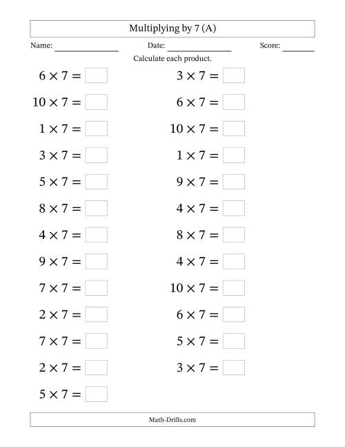 The Horizontally Arranged Multiplying (1 to 10) by 7 (25 Questions; Large Print) (A) Math Worksheet