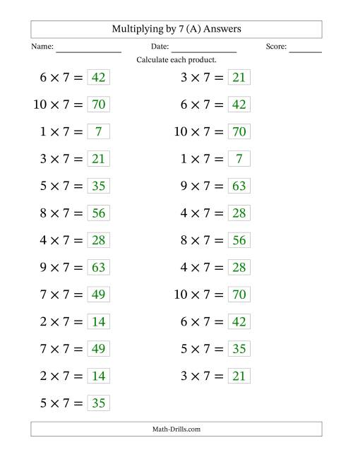 The Horizontally Arranged Multiplying (1 to 10) by 7 (25 Questions; Large Print) (A) Math Worksheet Page 2