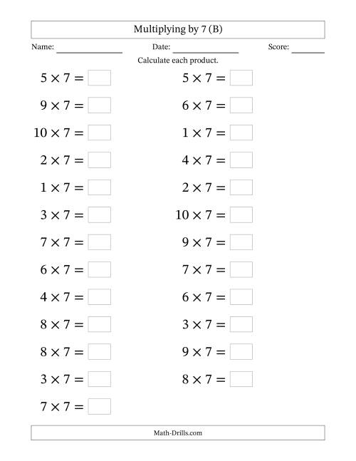 The Horizontally Arranged Multiplying (1 to 10) by 7 (25 Questions; Large Print) (B) Math Worksheet