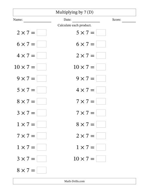 The Horizontally Arranged Multiplying (1 to 10) by 7 (25 Questions; Large Print) (D) Math Worksheet