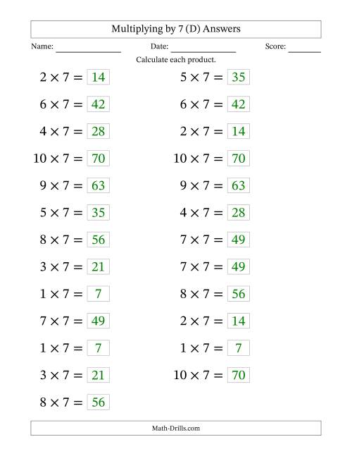 The Horizontally Arranged Multiplying (1 to 10) by 7 (25 Questions; Large Print) (D) Math Worksheet Page 2