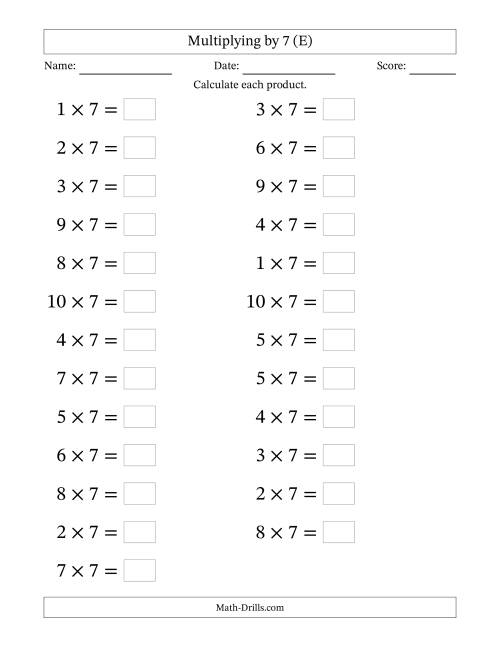 The Horizontally Arranged Multiplying (1 to 10) by 7 (25 Questions; Large Print) (E) Math Worksheet