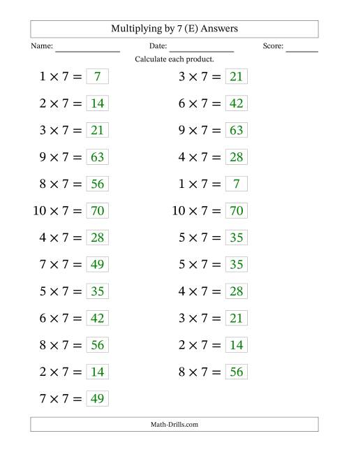 The Horizontally Arranged Multiplying (1 to 10) by 7 (25 Questions; Large Print) (E) Math Worksheet Page 2