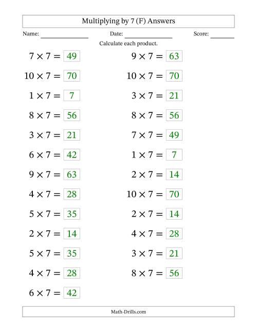 The Horizontally Arranged Multiplying (1 to 10) by 7 (25 Questions; Large Print) (F) Math Worksheet Page 2