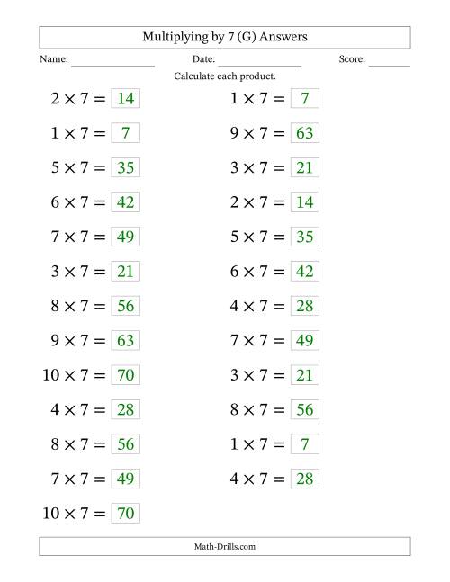 The Horizontally Arranged Multiplying (1 to 10) by 7 (25 Questions; Large Print) (G) Math Worksheet Page 2