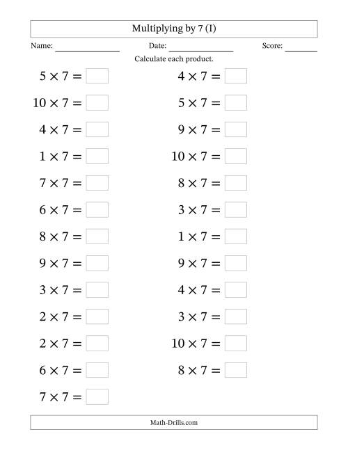 The Horizontally Arranged Multiplying (1 to 10) by 7 (25 Questions; Large Print) (I) Math Worksheet