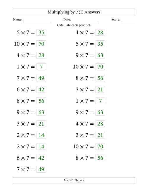 The Horizontally Arranged Multiplying (1 to 10) by 7 (25 Questions; Large Print) (I) Math Worksheet Page 2