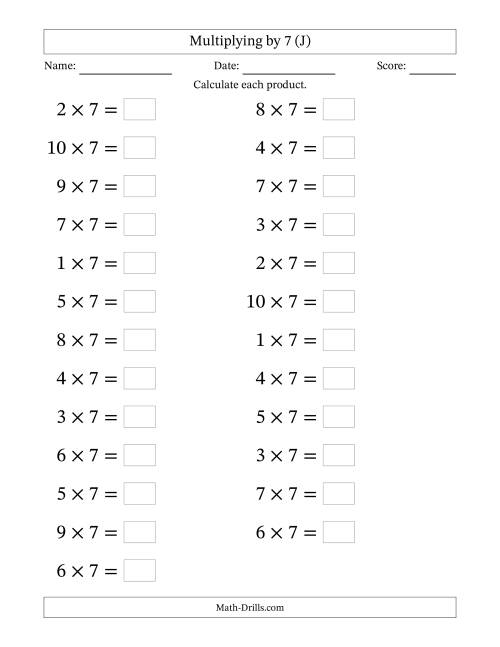 The Horizontally Arranged Multiplying (1 to 10) by 7 (25 Questions; Large Print) (J) Math Worksheet