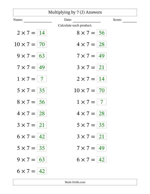 The Horizontally Arranged Multiplying (1 to 10) by 7 (25 Questions; Large Print) (J) Math Worksheet Page 2