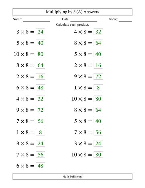 The Horizontally Arranged Multiplying (1 to 10) by 8 (25 Questions; Large Print) (A) Math Worksheet Page 2