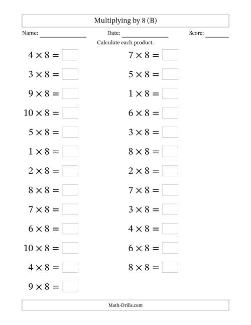 The Horizontally Arranged Multiplying (1 to 10) by 8 (25 Questions; Large Print) (B) Math Worksheet