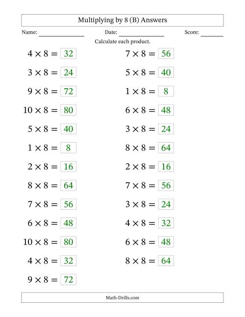 The Horizontally Arranged Multiplying (1 to 10) by 8 (25 Questions; Large Print) (B) Math Worksheet Page 2