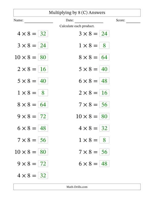The Horizontally Arranged Multiplying (1 to 10) by 8 (25 Questions; Large Print) (C) Math Worksheet Page 2