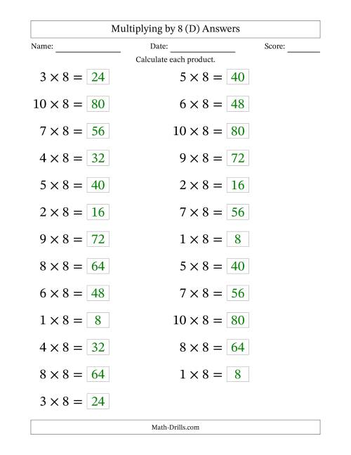 The Horizontally Arranged Multiplying (1 to 10) by 8 (25 Questions; Large Print) (D) Math Worksheet Page 2