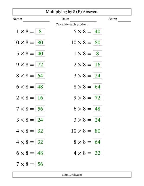 The Horizontally Arranged Multiplying (1 to 10) by 8 (25 Questions; Large Print) (E) Math Worksheet Page 2