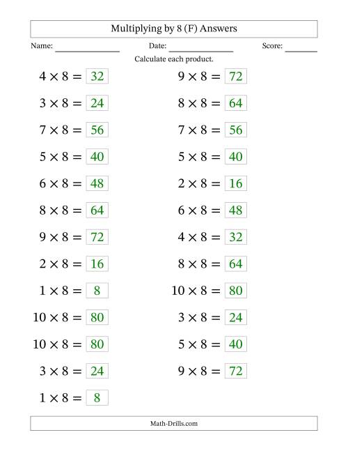 The Horizontally Arranged Multiplying (1 to 10) by 8 (25 Questions; Large Print) (F) Math Worksheet Page 2
