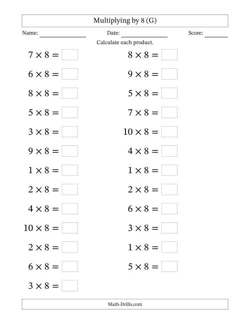 The Horizontally Arranged Multiplying (1 to 10) by 8 (25 Questions; Large Print) (G) Math Worksheet