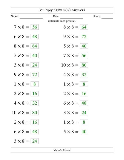 The Horizontally Arranged Multiplying (1 to 10) by 8 (25 Questions; Large Print) (G) Math Worksheet Page 2