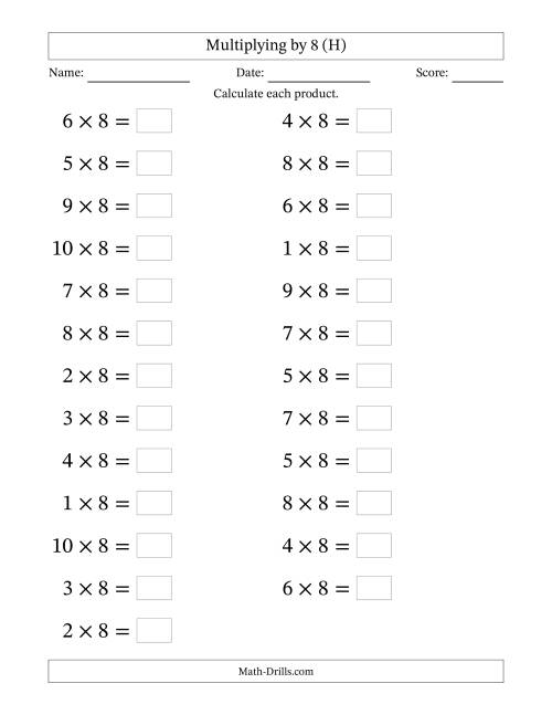 The Horizontally Arranged Multiplying (1 to 10) by 8 (25 Questions; Large Print) (H) Math Worksheet