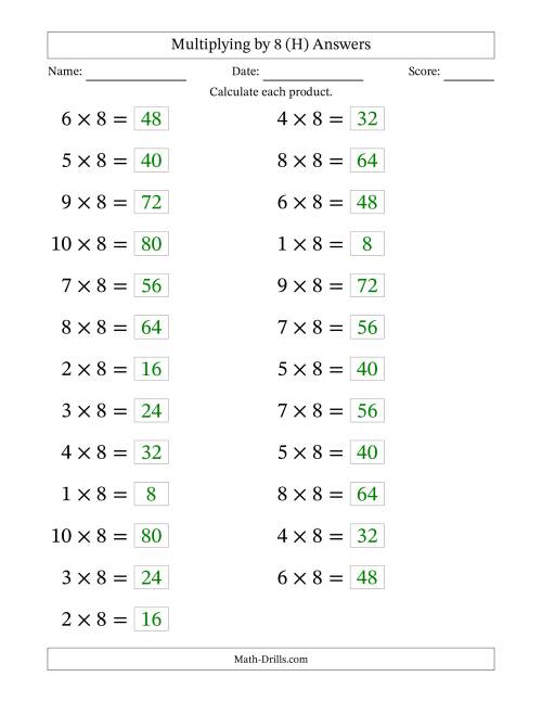 The Horizontally Arranged Multiplying (1 to 10) by 8 (25 Questions; Large Print) (H) Math Worksheet Page 2