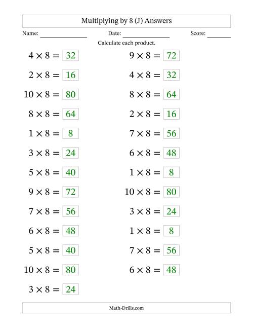 The Horizontally Arranged Multiplying (1 to 10) by 8 (25 Questions; Large Print) (J) Math Worksheet Page 2